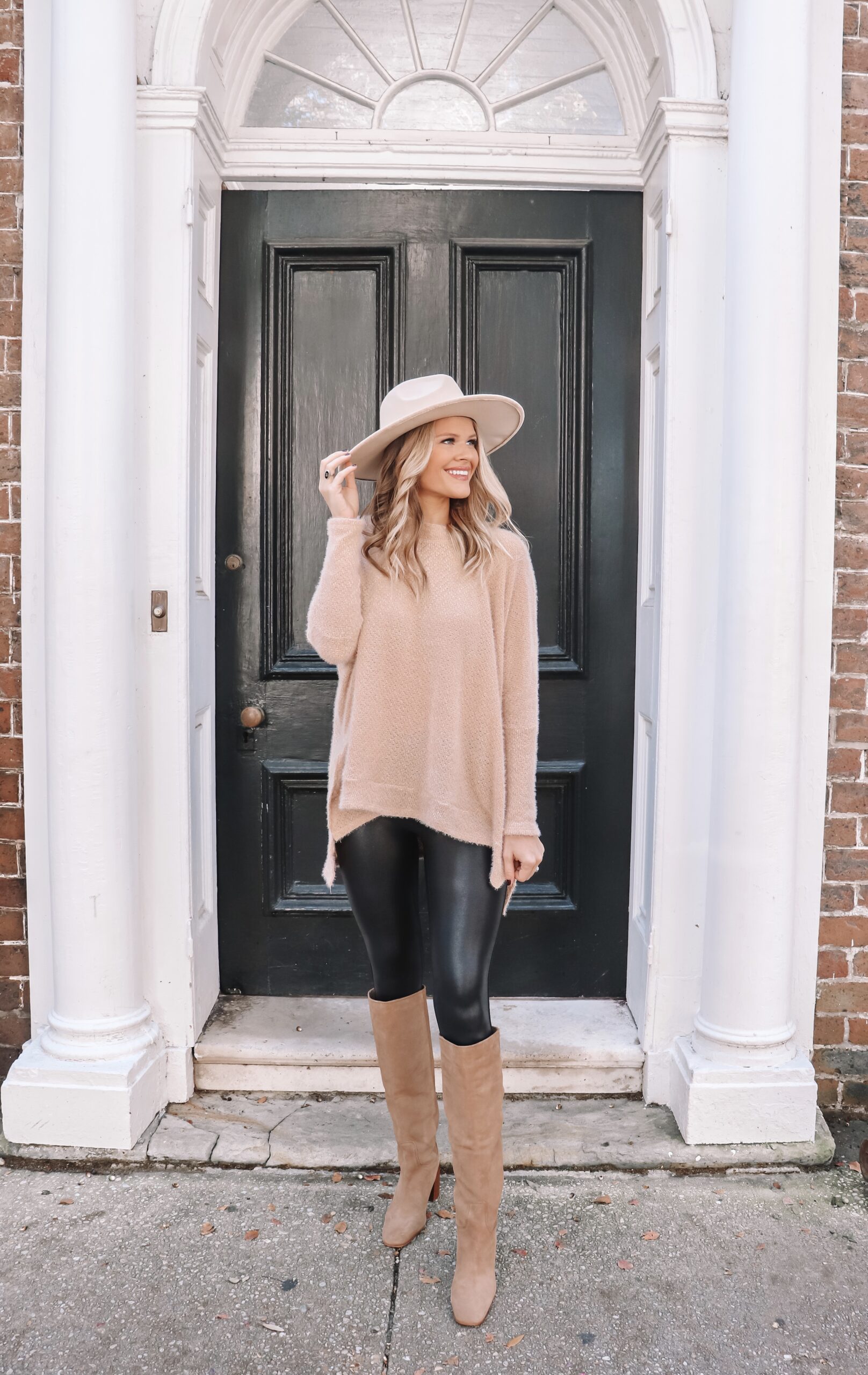 This image showcases one of my favorite purchases of 2020, the SPANX faux leather leggings.